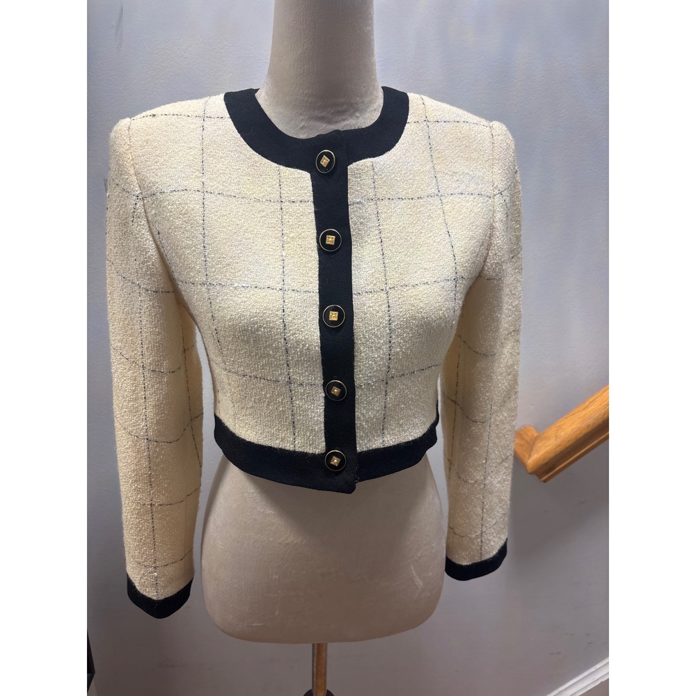 Unbranded Cropped Tweed Jacket Womens S Cream Black Windowpane Boucle
